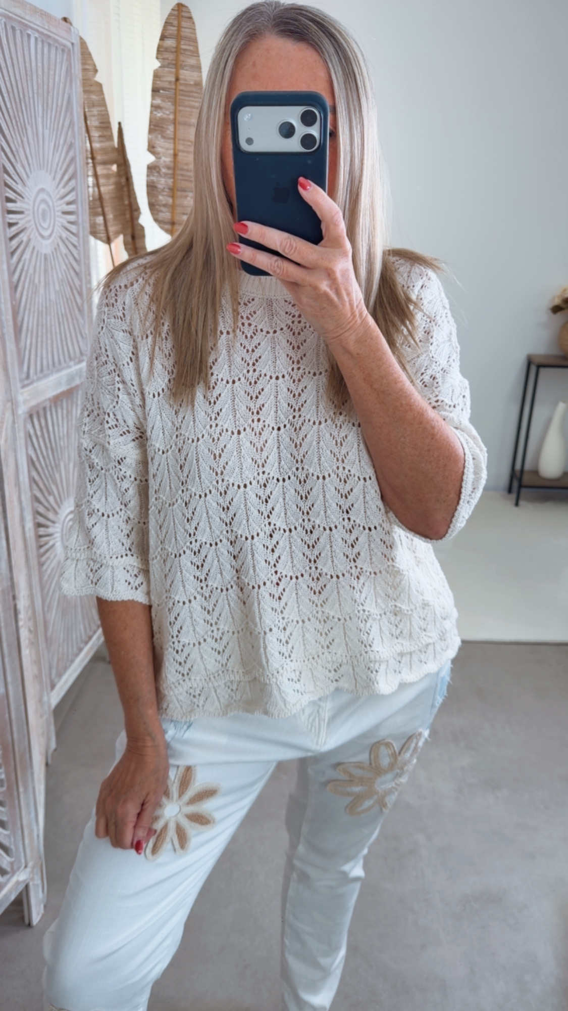 Strickshirt Lochmuster Fili Uni Made in Italy 34-42 Kurzarm Pullover