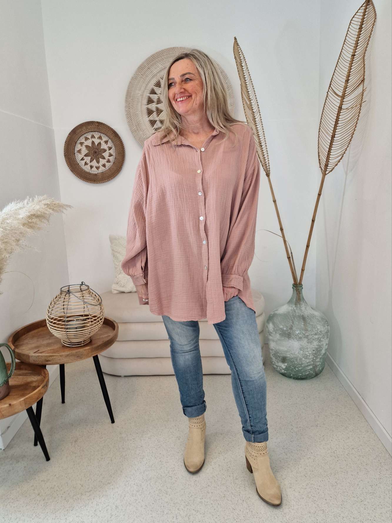 MUSSELIN OVERSIZE BLUSE KORFU ALTROSA 34-42 Made in Italy Longbluse Kleid Tunika Shirt Blusenjacke