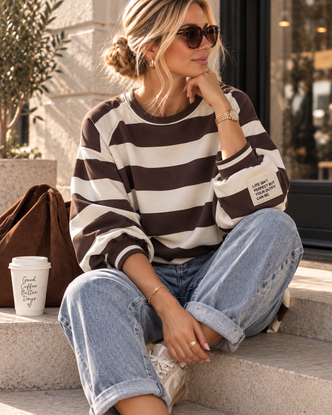 Sweater Butterstoff mit Blockstreifen & Patch I SW0070 I Made in Italy 34-42/44 Sweatshirt
