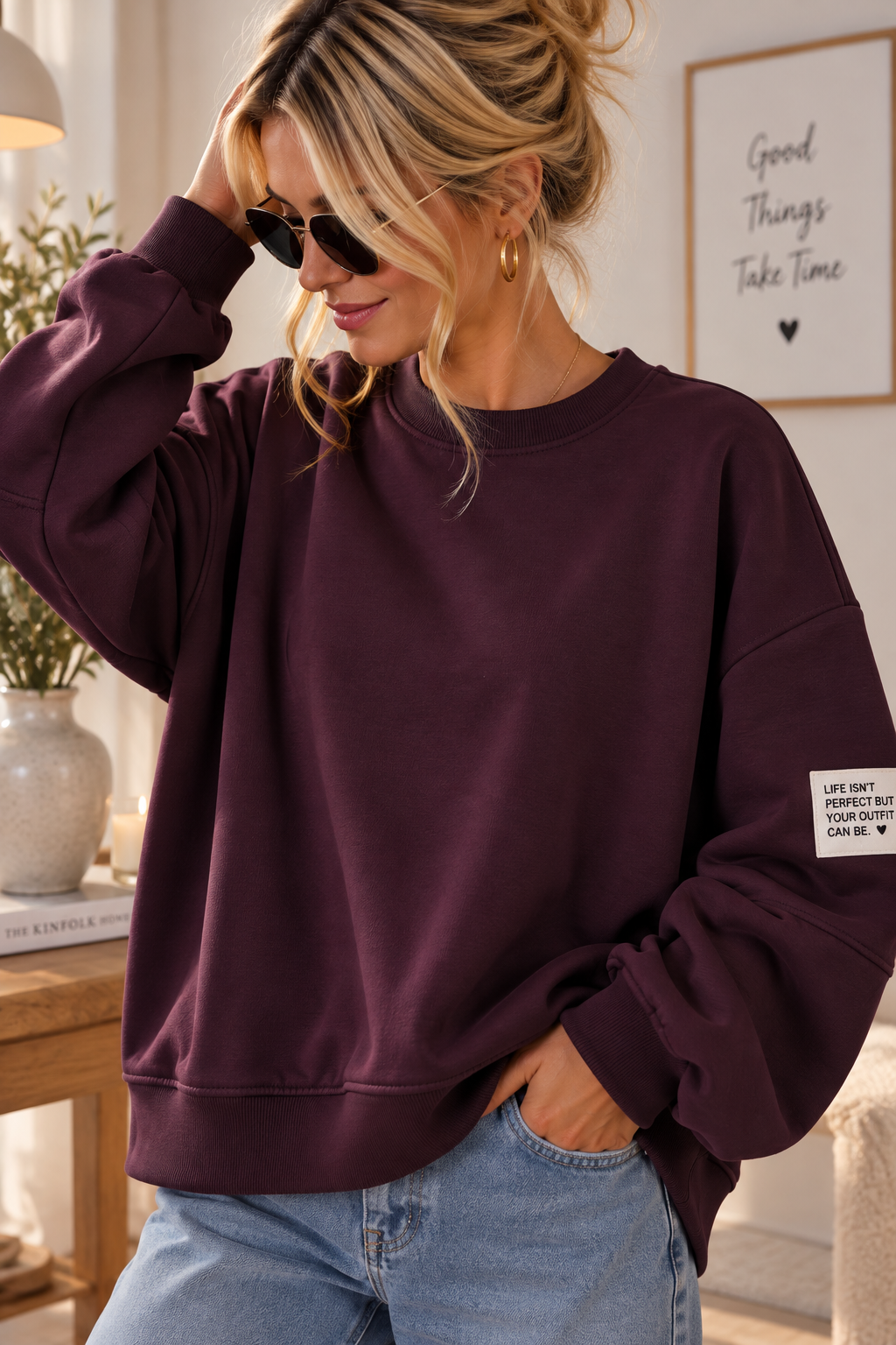 Butterstoff-Sweatshirt uni mit Statement-Patch – SW0094 Made in Italy Gr 34-42