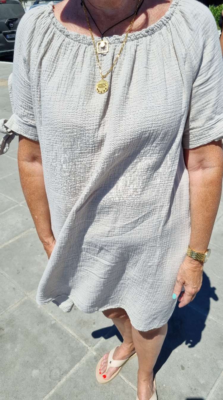 MUSSELIN DRESS NILA SHORT BEIGE 34-42 Made in Italy kurzes Sommer Kleid Sommer Strandkleid