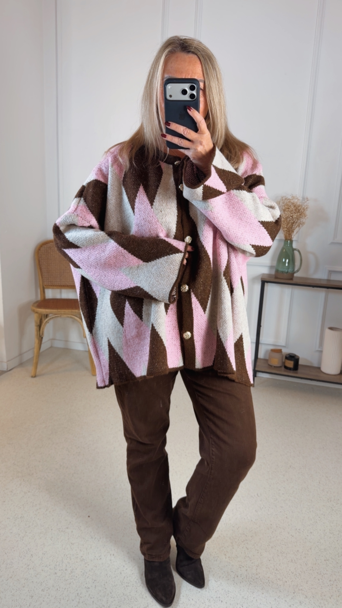 OVERSIZE CARDIGAN SHIRIN GRAFISCHES MUSTER 34-44/46 Made in Italy Goldfarbene Knöpfe