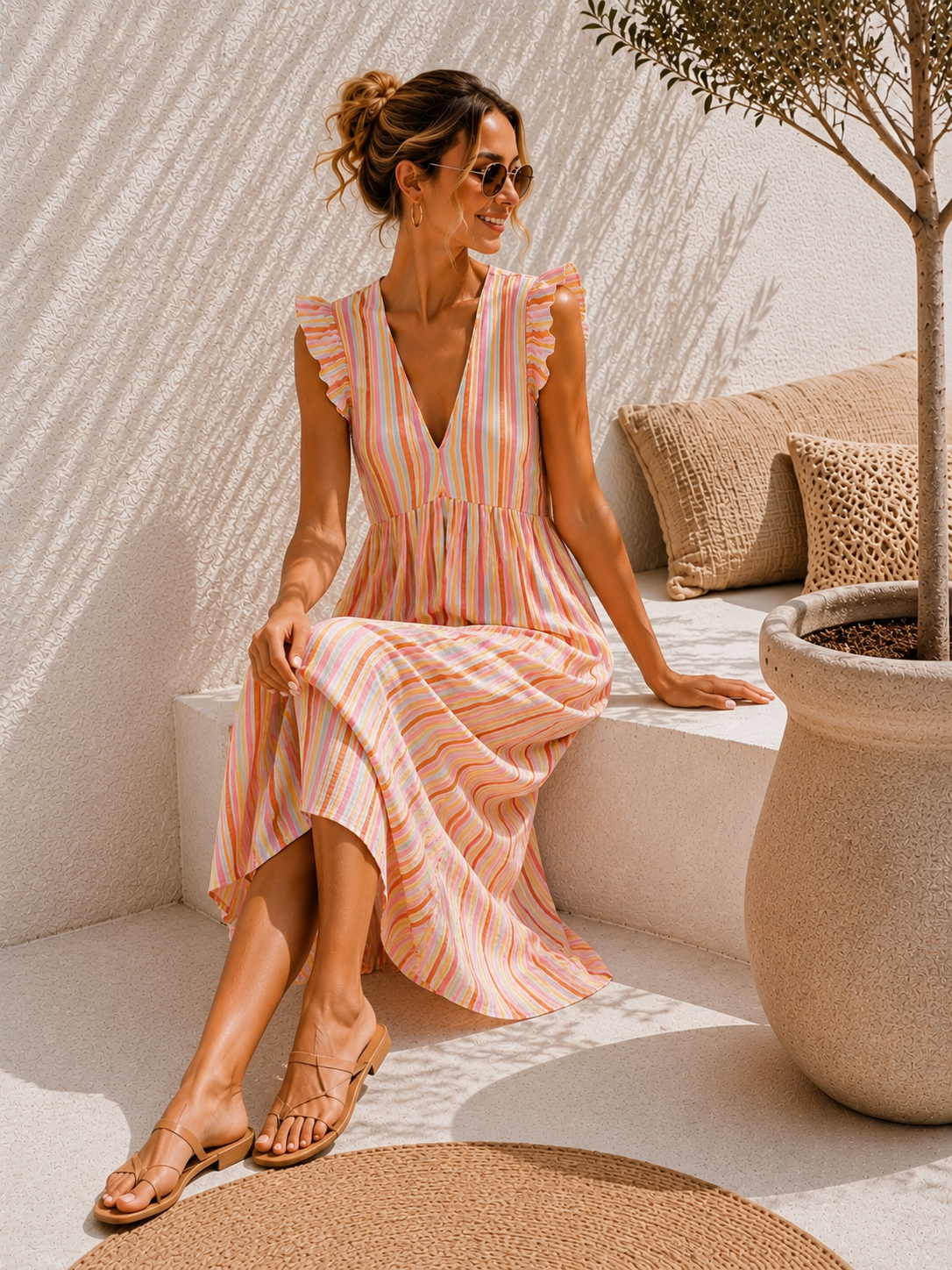 MUSSELIN KLEID ZOE STRIPES 34 - 42 Made in Italy ärmellos Rüsche