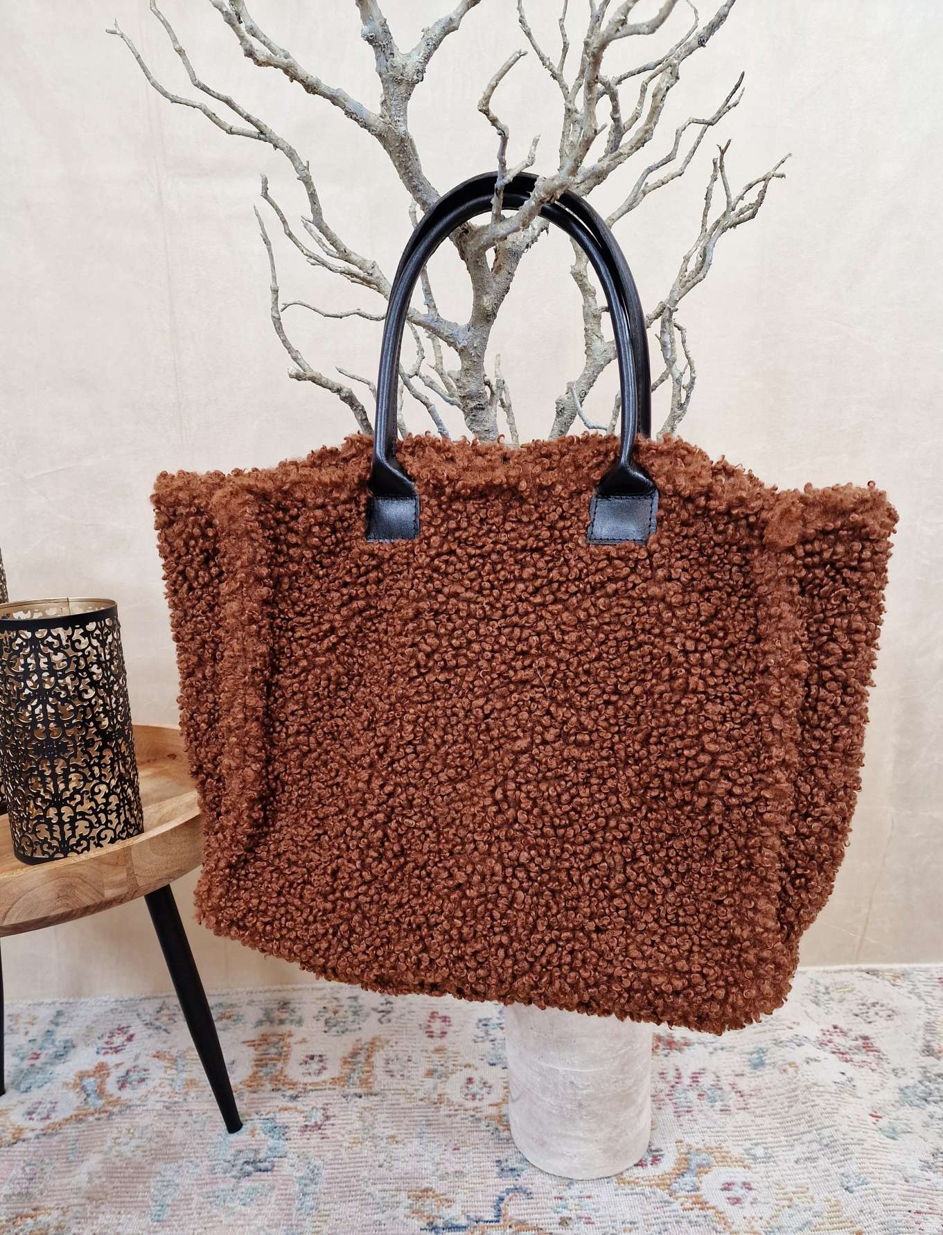 TEDDY FELL SHOPPER ELENI DUNKELBRAUN flauschige Shopping Bag mit Leder-Henkel Tasche Made in Italy TEDDY FELL SHOPPER ELENI DUNKELBRAUN flauschige Shopping Bag mit Leder-Henkel Tasche Made in Italy
