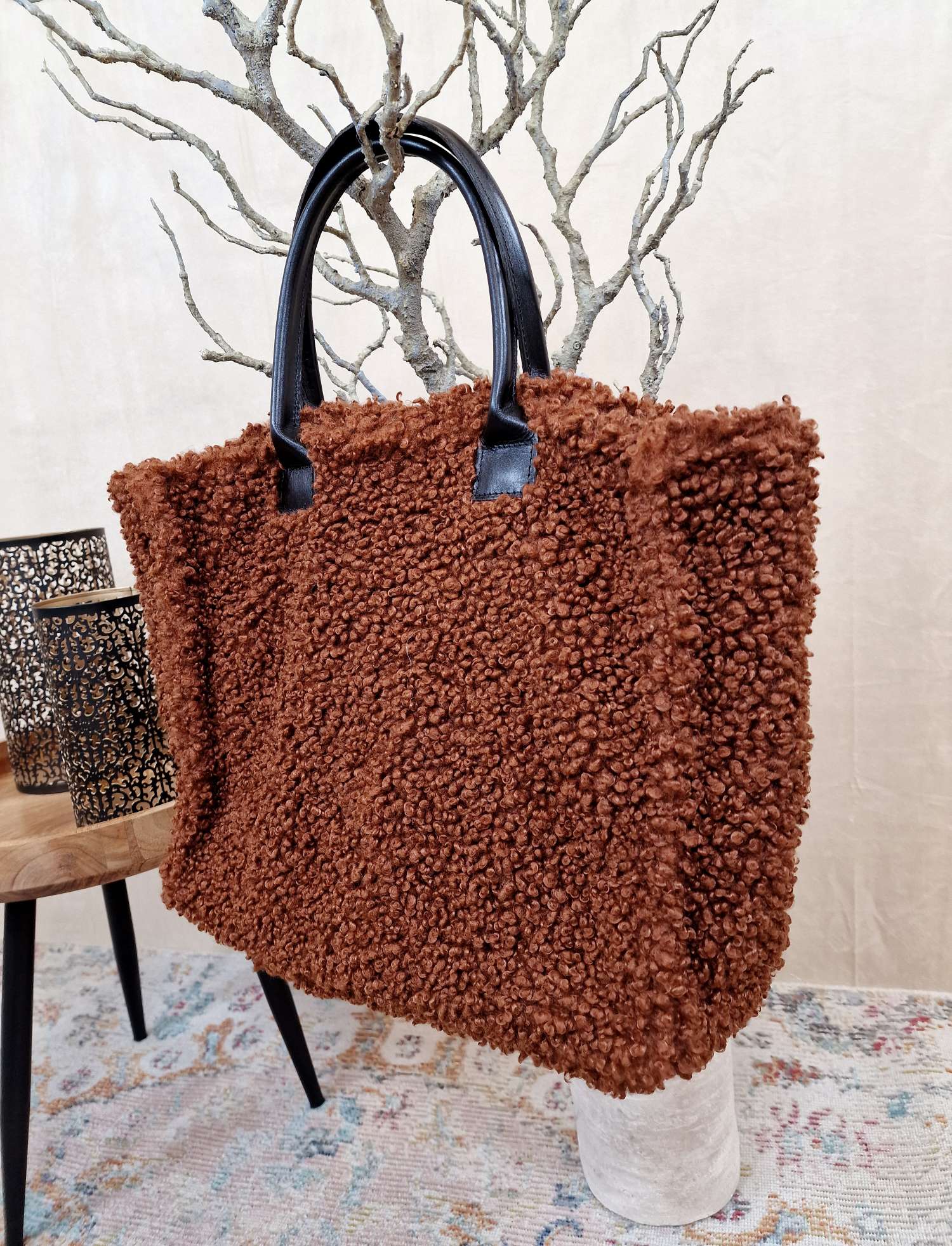 TEDDY FELL SHOPPER ELENI DUNKELBRAUN flauschige Shopping Bag mit Leder-Henkel Tasche Made in Italy TEDDY FELL SHOPPER ELENI DUNKELBRAUN flauschige Shopping Bag mit Leder-Henkel Tasche Made in Italy