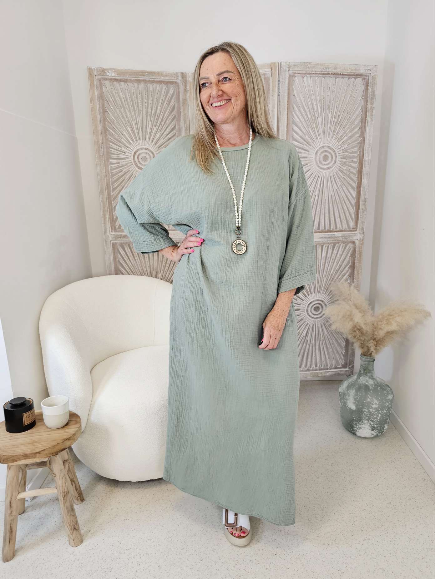 2. WAHL - MUSSELIN KLEID EVELYN  MINT / LIGHT KHAKI 34-42 Made in Italy Maxi Dress Baumwolle