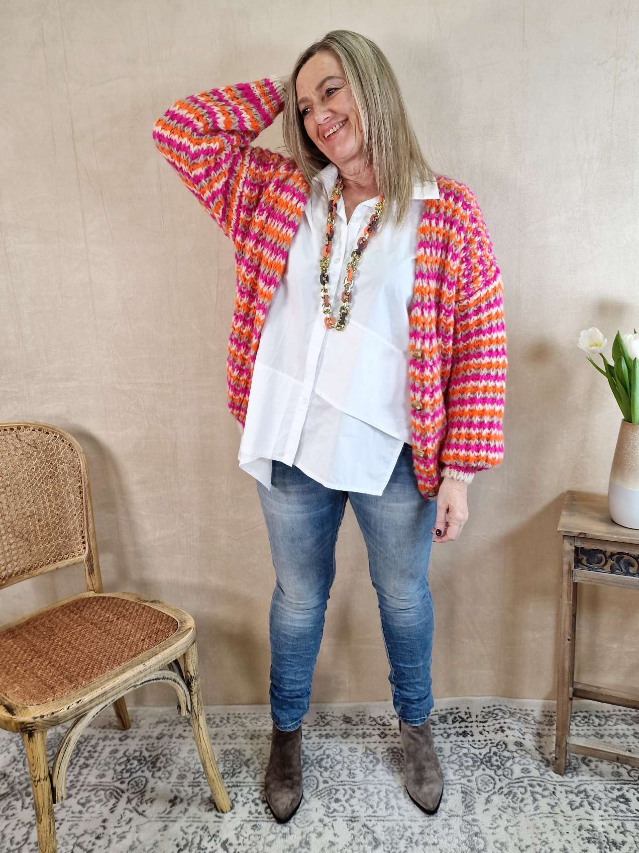 SHORT KNIT CARDIGAN DOMINO PINK ORANGE CREME kurze Strick Jacke Made in Italy 34-42 SHORT KNIT CARDIGAN DOMINO PINK ORANGE CREME kurze Strick Jacke Made in Italy 34-42