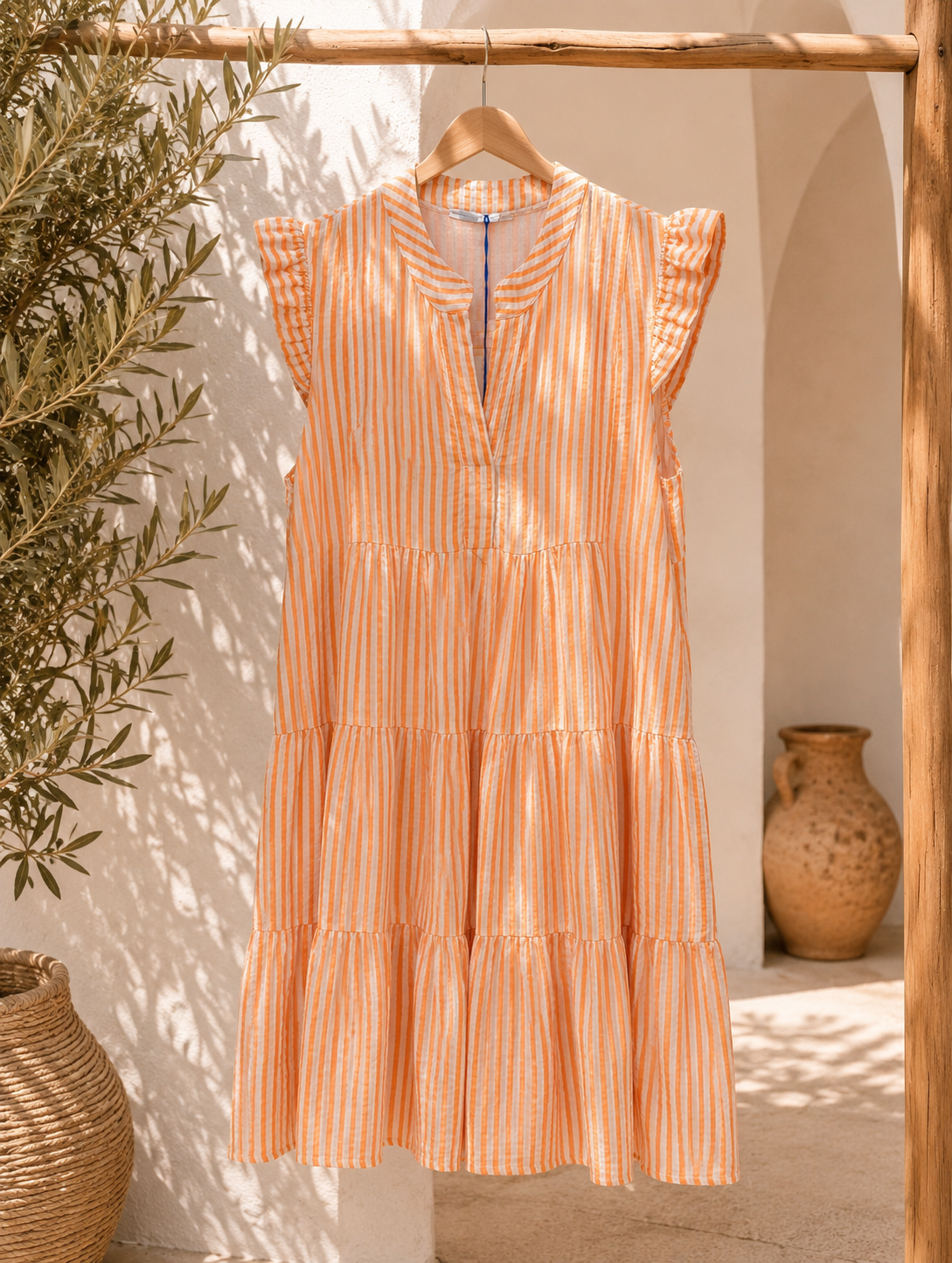 MUSSELIN KLEID TAMI ORANGE BEIGE STRIPES  kurz Rüschen 34 - 42 Summer Dress